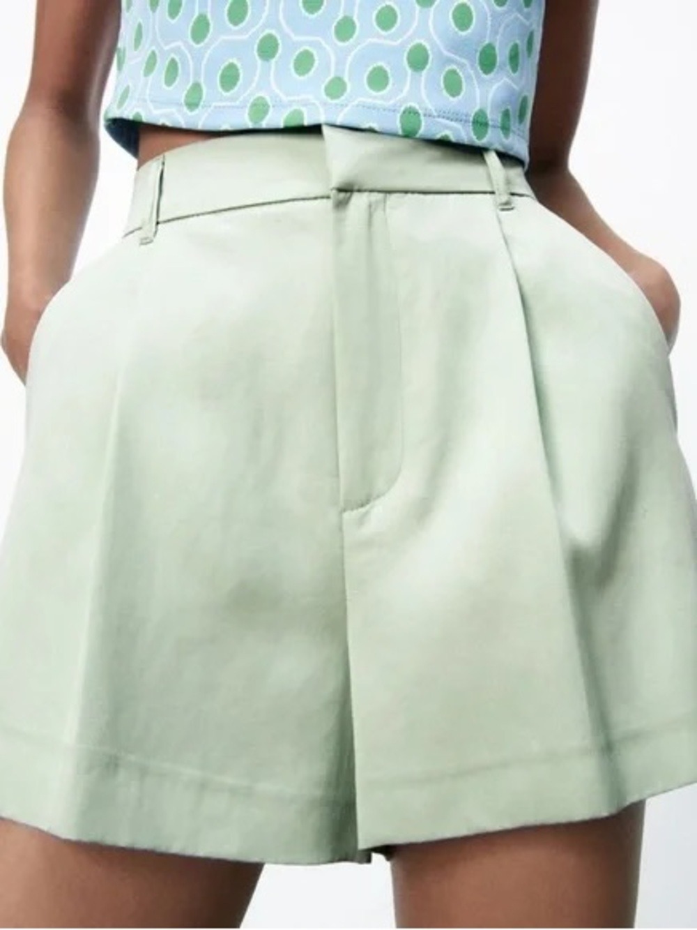 Zara Light Mint High-Waist Pleated Shorts